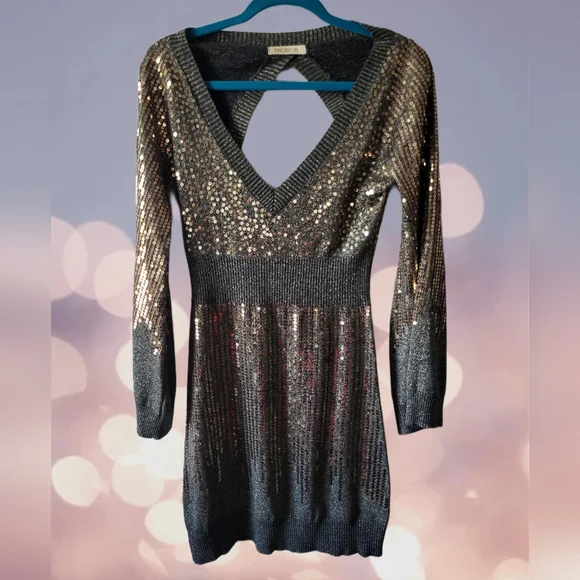 green emerald velvet dress Cosmic Scoop Back Sequin Knit Mini Dress Silver